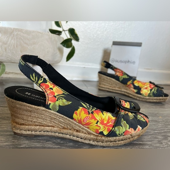 Naturalizer Bina Tropical Floral Hibiscus Peep Toe Espadrille Platform Wedge 7.5 - Picture 1 of 10